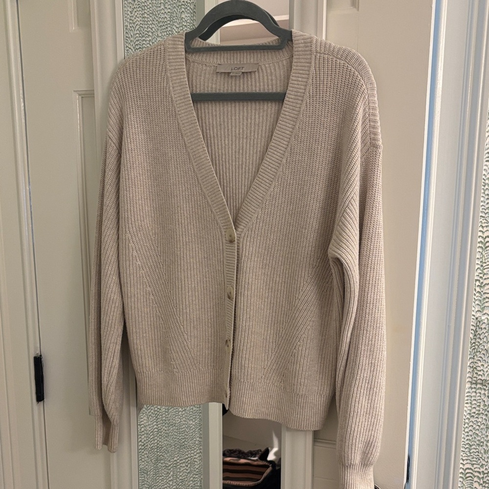 LOFT Neutral Beige Ribbed V-Neck Button Cardigan